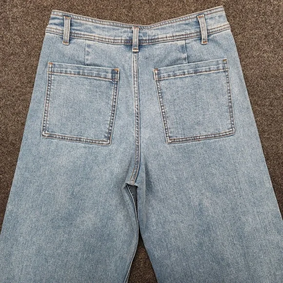 Miou Muse Womens Large Light Blue Wide Leg Denim Jeans Stretch Baggy Raw Hem - Picture 3 of 10